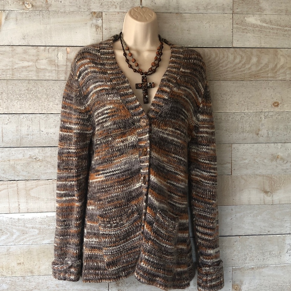 Mohair Cream, gray, brown gold variegated stripe knit V-neck cardigan Sweater